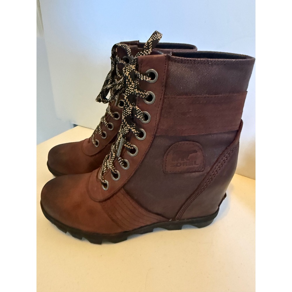 Sorel Lexie Boots Burnt Henna Red Brown Womens 8.5 Wedge Heel Leather Canvas
